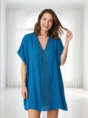 Time And Tru 1X Boho Embroidered Beach Cover Up Kaftan Tunic Dress Plus Size NEW